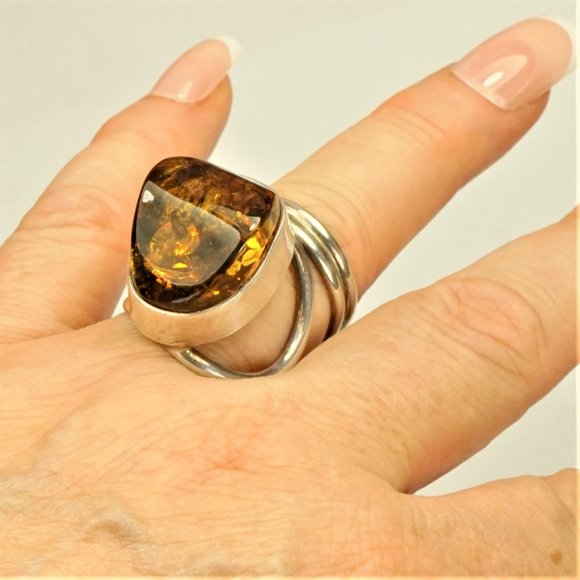 LARGE BALTIC AMBER 925 SILVER ADJUSTABLE RING, UNIQUE DESIGN, GIFT FOR WOMEN - Picture 15 of 16